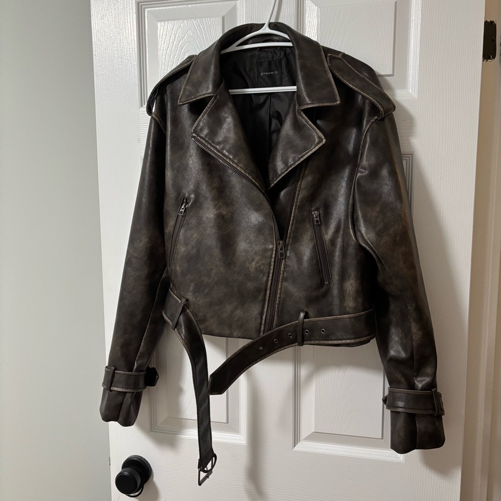 Dynamite Distressed Dark Brown Faux Leather Biker Jacket